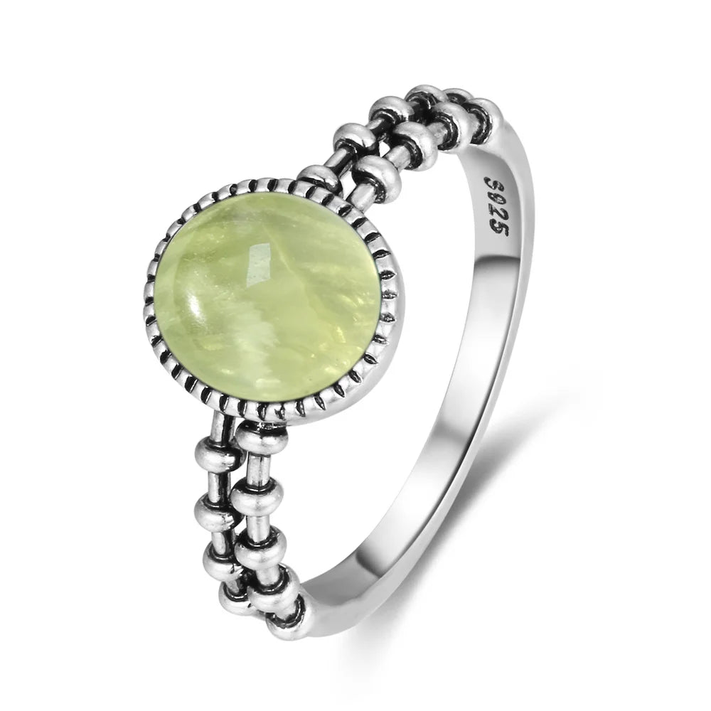 925 Sterling Silver Ring With Natural Prehnite Stone 8*10mm Oval Shape With Crystal Flower Design Gifts Fine Jewelry For Women