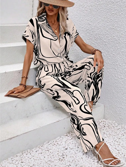 Women's 2026 Fashionable Printed Short Sleeve Shirt And Elastic Waist Wide Leg Pants Suit Set Casual Daily Commuting Spring Wear