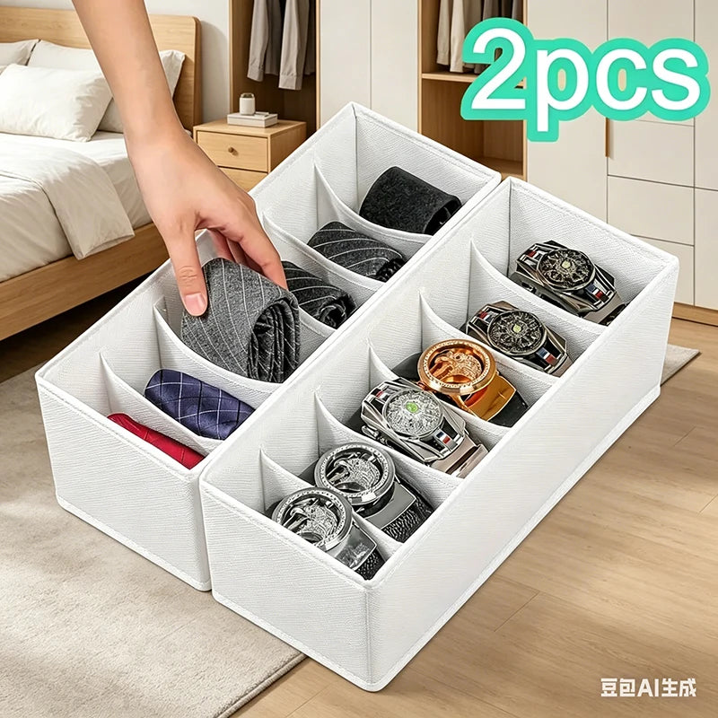 2-Pack Foldable Belt Organizer - 6-Grid Closet Storage Box for Ties/Clothes, White Fabric Space Saver