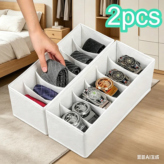 2-Pack Foldable Belt Organizer - 6-Grid Closet Storage Box for Ties/Clothes, White Fabric Space Saver