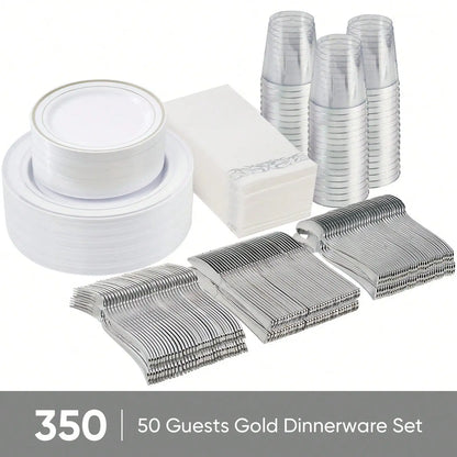 Disposable Dinnerware Set Elegant Luxury White Gold Rim Plastic Plates Gold Cutlery Cups Napkins 350 Pcs Serves 50 Guests Heavy Duty Party Tableware Set For Wedding Birthday Party Catering Showe