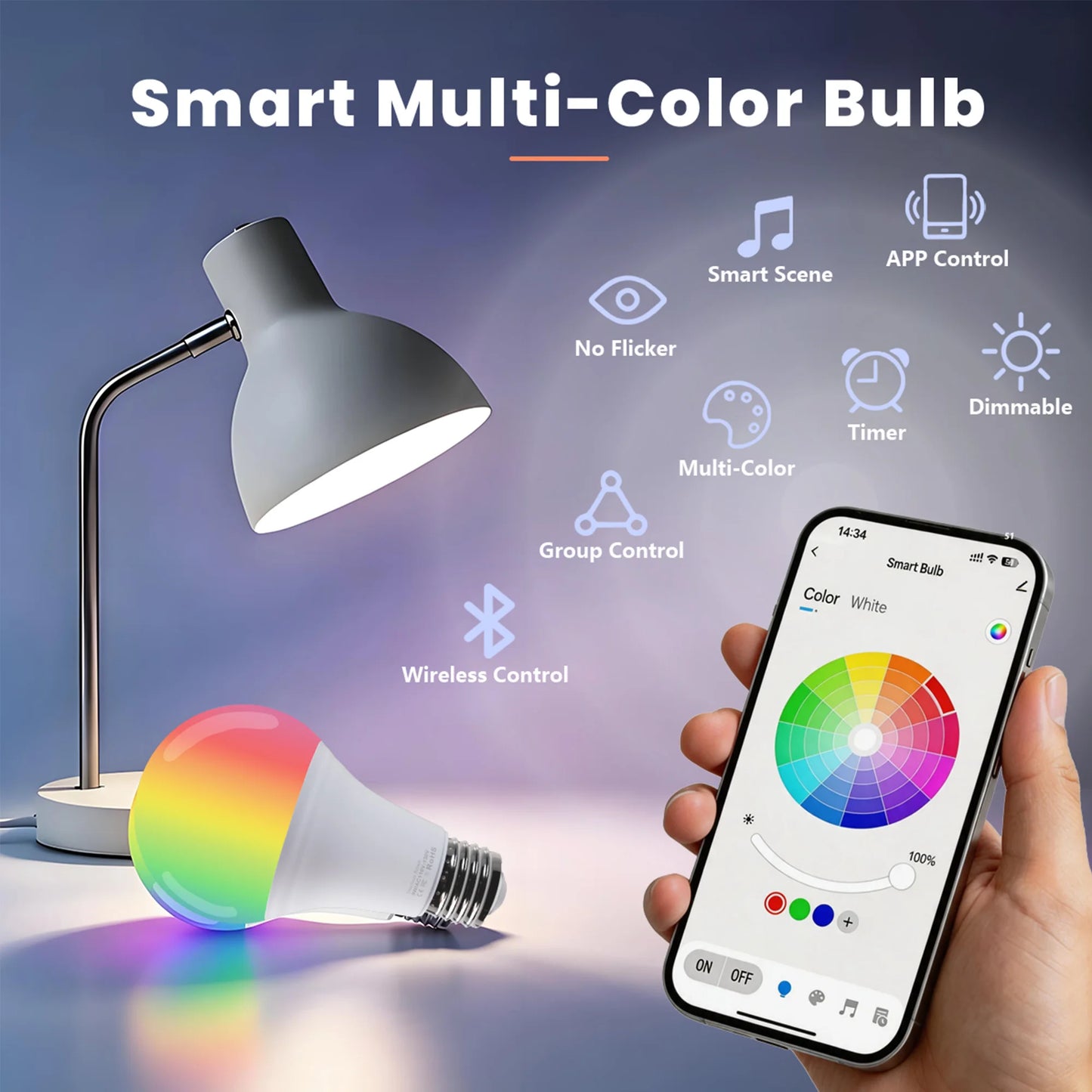 4pcs, RGBCW Smart Bulbs, Color Changing Dimmable LED Lights, Music Sync & App Control for Home Bedroom