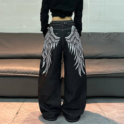 Y2K Printed Loose Jeans | Feather Trim Retro Denim | Women's High-Street Streetwear Pants
