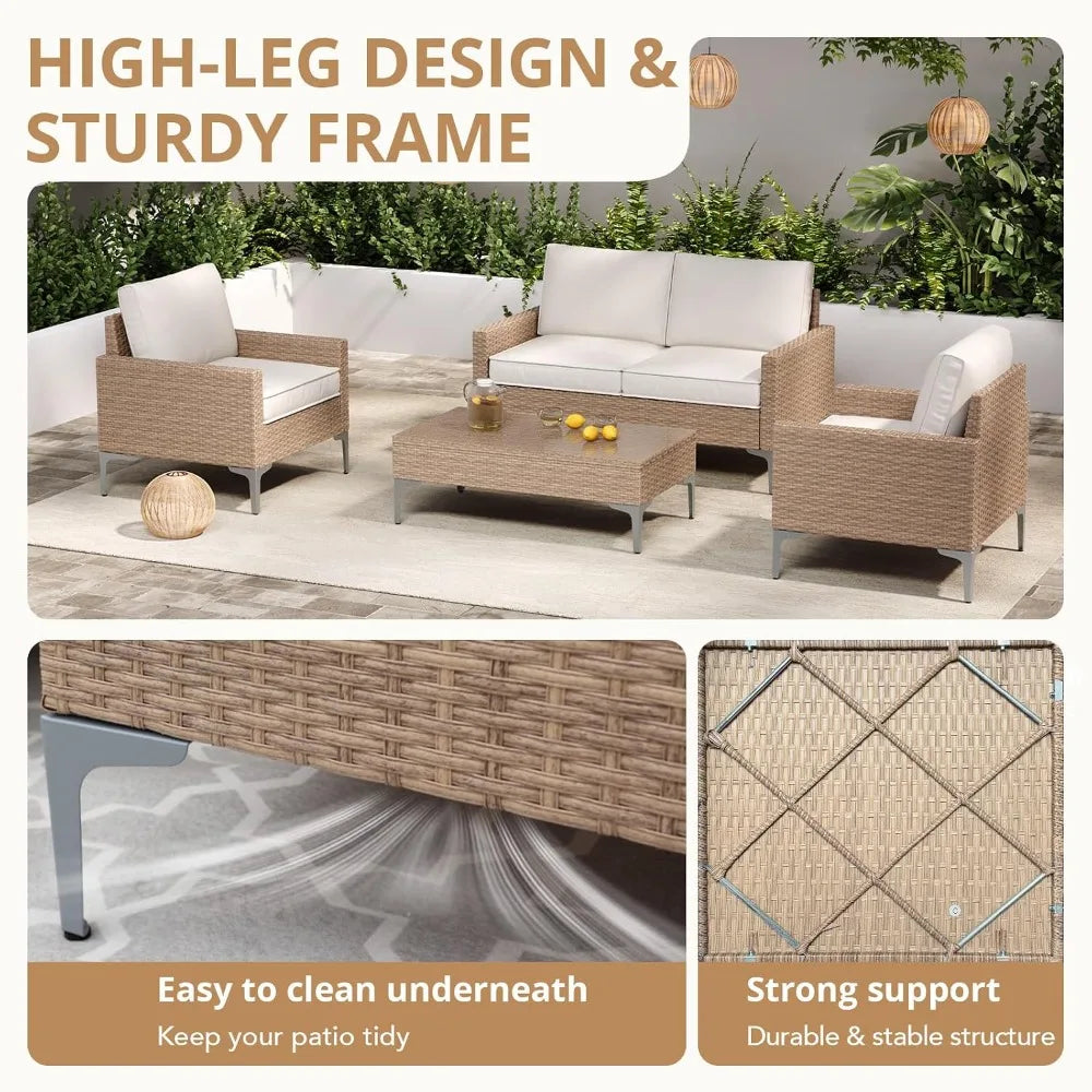 4-Piece Patio Furniture Set, Outdoor Wicker Sectional Sofa with Coffee Table, Anti-Slip & Thick All-Weather, Customized