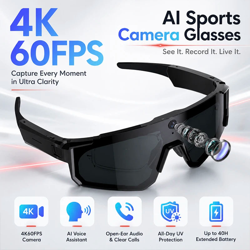 World Premiere 2026 New AI Camera Glasses 4K 60FPS HD Shooting Bluetooth Call Voice Assistant UV400 Sports Smart Glasses Cycling