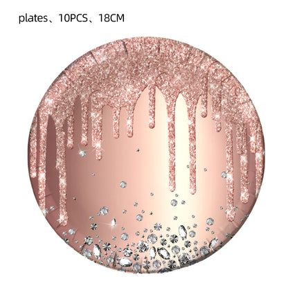 Rose Gold Party Supplies Disposable Tableware Set Diamond Glitter Paper Plate Cup Wedding Birthday Party Decoration Kid Balloons