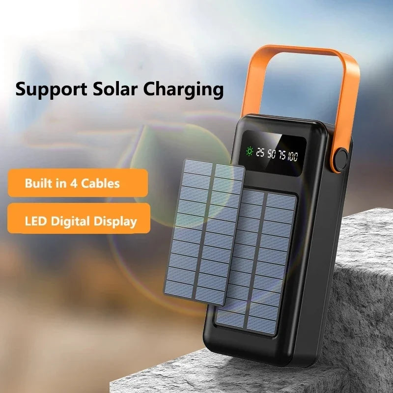 100000mAh Power Bank Portable Charger with Solar Panel, Fast Charging External Battery Pack, 4 Cables, Flashlight