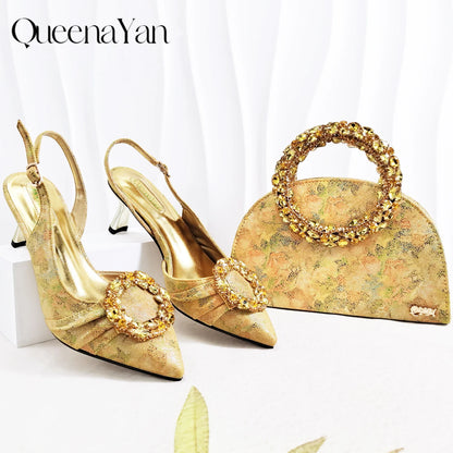 Multicolor Glitter Rhinestone Ring Handle Evening Clutch And Women High Heels Shoes Set Wedding Party Matching Bag