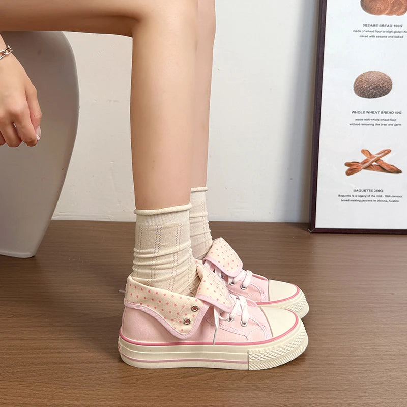 New High Help Canvas Shoes Dots Women's Casual Shoes Woman Vulcanize Sneakers Comfortable Sport Walking Platform Flats Shoes 015