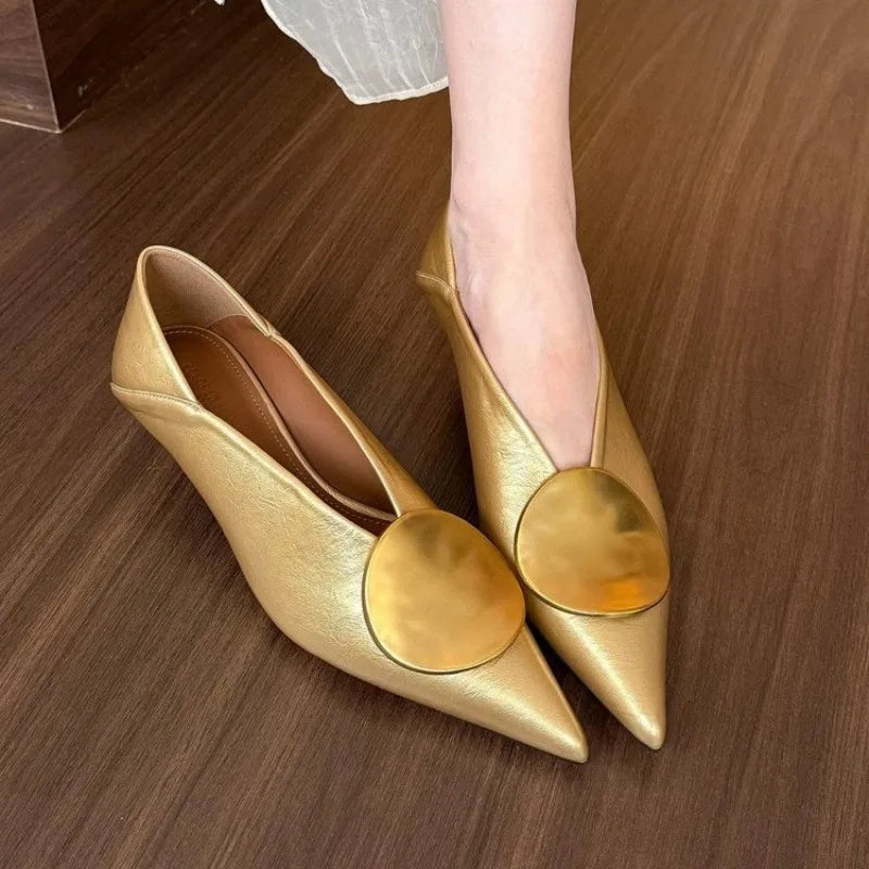 New Designer Pointed Toe Women High Heel Shoes Fashion Gold Metal Shallow Slip on Single Shoes Thin Low Heel Dress Pumps