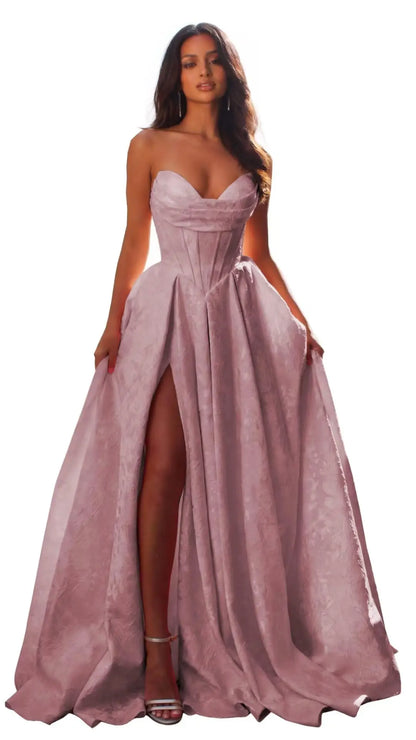 Jacquard Satin Prom Dresses with Slit Strapless Corset A Line Long Formal Gowns Party Evening Gown Formal Dress Women Elegant