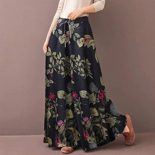 Floral Print Wide Leg Women Pants Spring Drawstring Bohemia Trousers Lady Casual Loose Elastic Waist Pantalonsw Plus Size