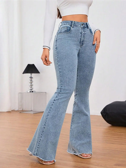 Tall Women's Micro Flare Frayed Edge Jeans, Fashionable Simple Style, Casual Loose-Fitting Solid Pattern, All Seasons Wear