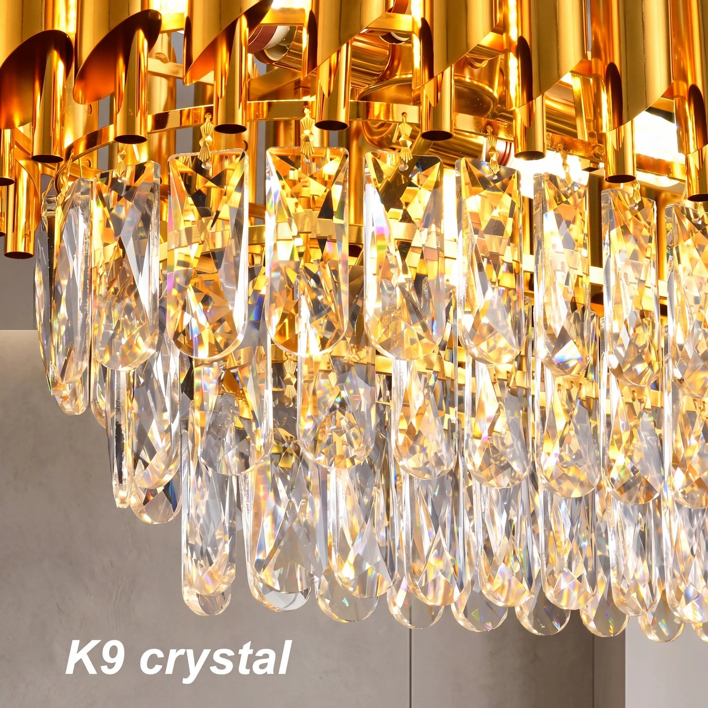Modern Gold Rectangular Crystal Chandelier, Adjustable Chain Hanging K9 Crystal Ceiling Light Fixture-dining room/kitchen island