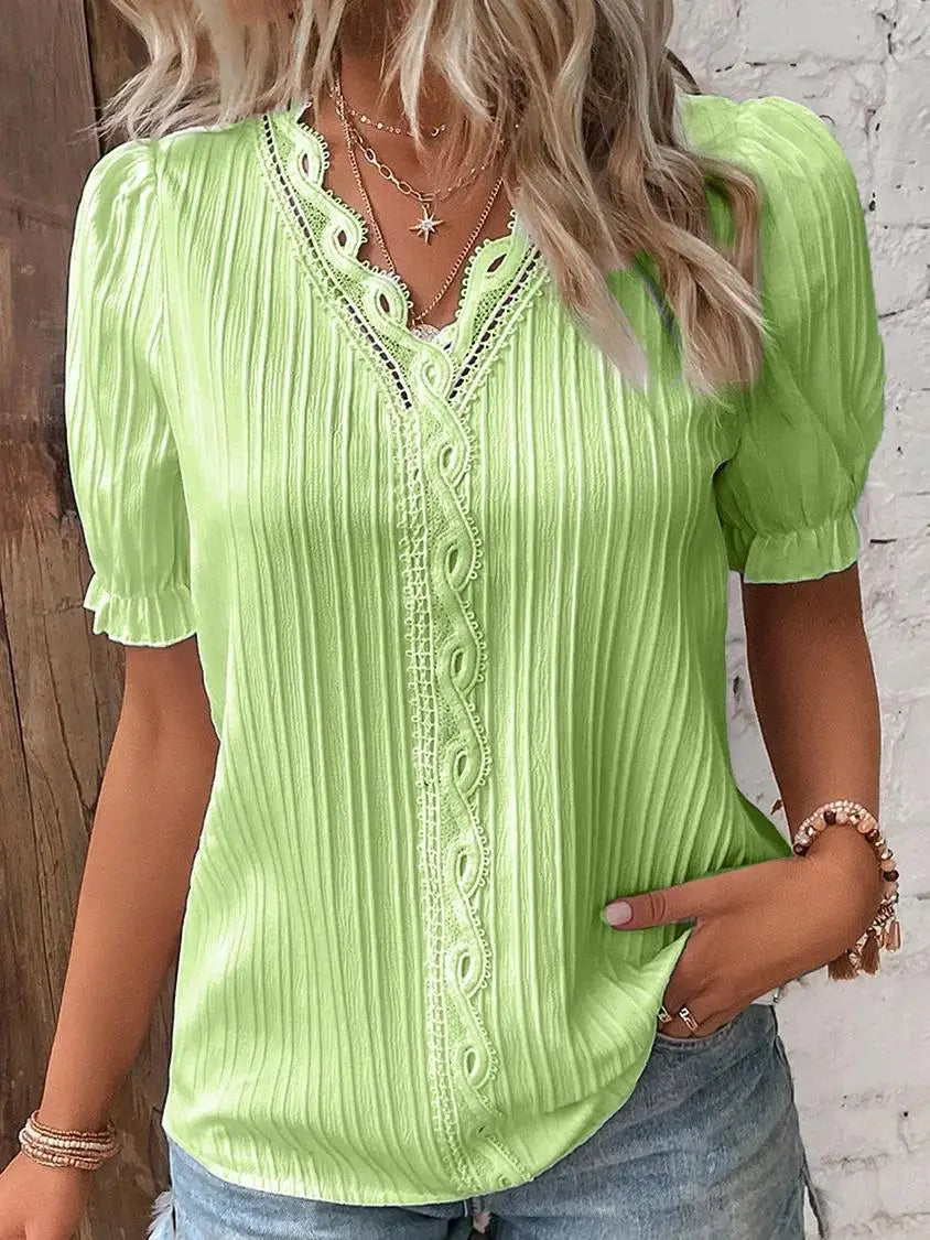 Plus Size Women's Shirt Blouse Yellow-green Violets White Plain Lace Short Sleeve Casual Basic V Neck Regular Pullover White Blo