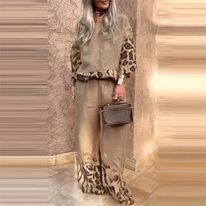 2025 New Summer Leopard Print Two Piece Set Women Fashion Casual Loose Short Sleeves Blouses Splicing Tops Wide Leg Pants Suits