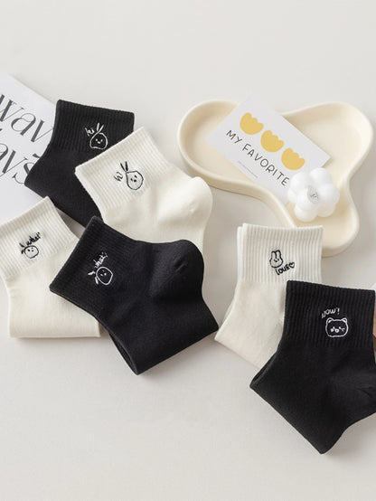 Women's Cute Cartoon Embroidery Ankle Socks Summer Thin Breathable Black White Socks Korean Style Kawaii Crew Socks Streetwear