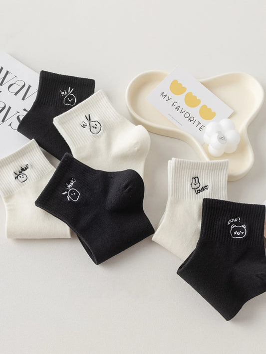 Women's Cute Cartoon Embroidery Ankle Socks Summer Thin Breathable Black White Socks Korean Style Kawaii Crew Socks Streetwear