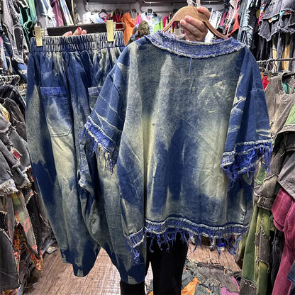 Fashion Spring Summer Women Two-piece Set Hole Tie-dye Loose Short Sleeve T-shirt Top + Elastic Waist Casual Wide Leg Pants