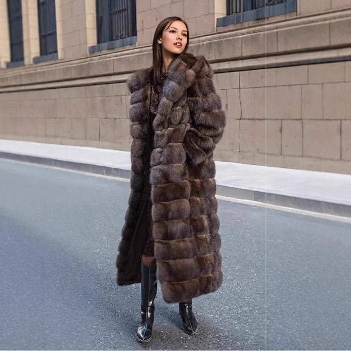 Thickened Warm Fur Trim Hooded Female Mink Fur Outwear Long Chic Lady Eco Fur Coat Vintage Brown Women Winter Faux Fur Jacket