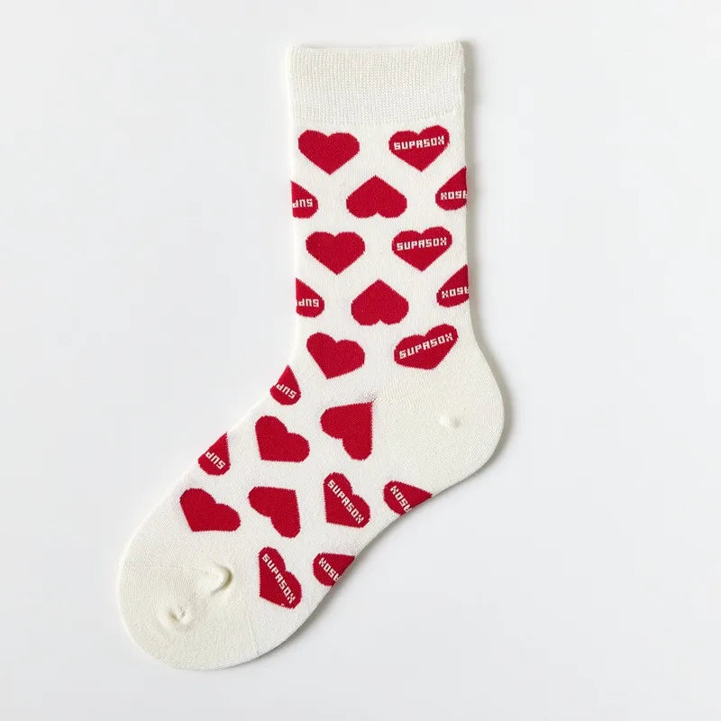 New Women Socks Cute Love With Heart Print Sock Cotton Harajuku Vintage Happy Female Dots Heart Kawaii Sox White Pink Crew Sock
