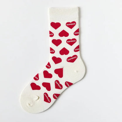 New Women Socks Cute Love With Heart Print Sock Cotton Harajuku Vintage Happy Female Dots Heart Kawaii Sox White Pink Crew Sock