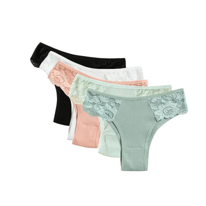 5Pcs/Set Women Cotton Panties Floral Lace Side Panel Low Rise Rib Briefs Low Cut Underwear Comfort Sexy Lingerie Daily Bikini