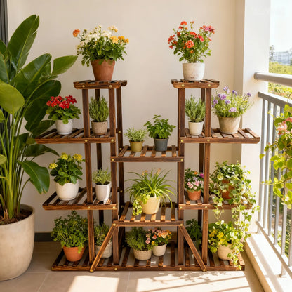 Large 11 Tiered Wood Plant Stand Carbonized High Widen Pot Shelf Holder Flower Shop Office Garden Indoor Outdoor
