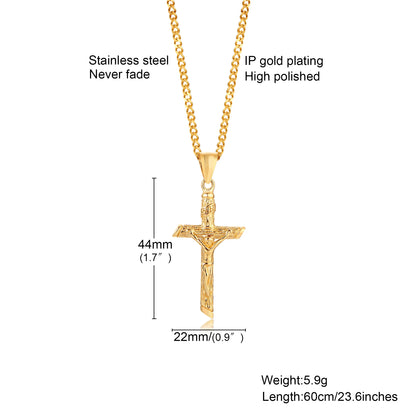 Stainless Steel Cross Necklace Catholicism Jesus Pendant Gold Color Collar Church Prayer Faith Jewelry for Men Women Gift