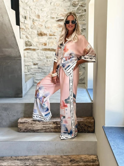 Women's Summer 2-Piece Set Elegant Printed Top & Casual Loose Wide Leg Pants Ensemble with Half Sleeve Fashionable