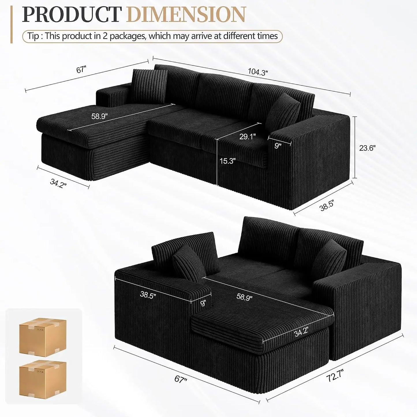 105" Boneless Couches for Living Room, Sectional Couches Modular Sofa with L-Shaped Chaise, Memory Foam Comfy Cloud, Customized