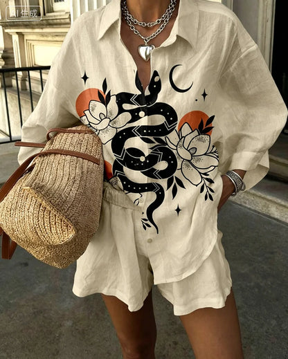 Summer Fashion Print Beach Holiday 2-Piece Set Women Long Sleeve Shirt Top+Wide Legs Short Women Oversized Two-Piece Outfit