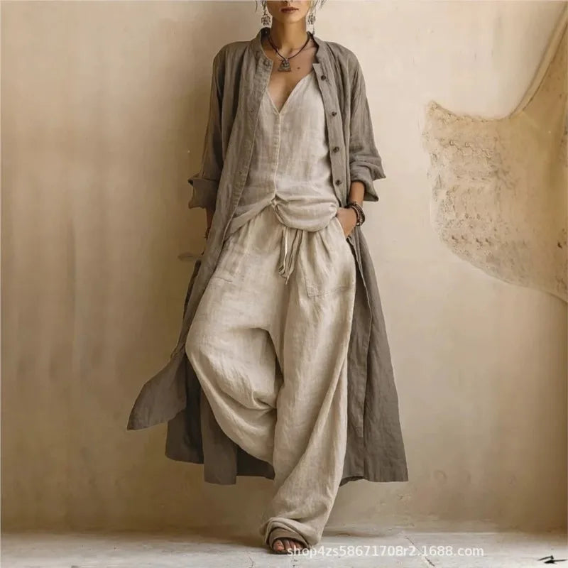 Women Casual Loose Long Sleeve 3 Piece Suits Autumn Vintage Solid Street Outfits Sexy V-neck Top + Long Pant + Cardigan Set