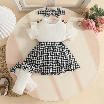 Baby Girl Bodysuit Dresses Short Sleeve Heart Shape Bow Romper Infants Onesies With Socks Headband 3pcs Sets For Newborn Girls