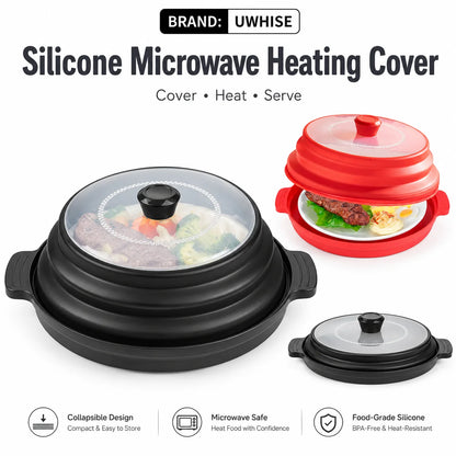 Uwhise 2-in-1 Microwave Splatter Cover for Food with Anti-Scald Base Plate Silicone Vented Collapsible Guard Lid Kitchen Gadgets