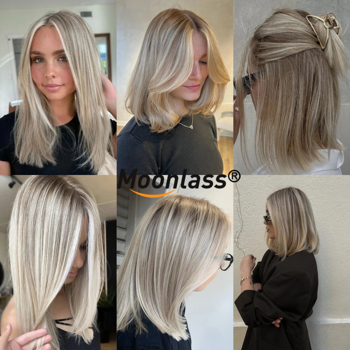 Moonlass Highlight Velvet Grey Gold Short Bob 100% Human Hair Wig 190% Density Salon Hair Color Wig 13x6 Upgrade Nude Lace Wigs