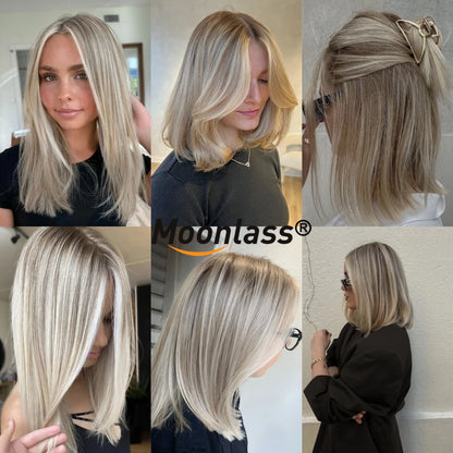 Moonlass Highlight Velvet Grey Gold Short Bob 100% Human Hair Wig 190% Density Salon Hair Color Wig 13x6 Upgrade Nude Lace Wigs