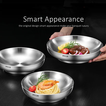 Ultra Thick 304 Stainless Steel Banquet Plate LFGB Certification Heat Insulation Dinner Dish Fall Resistant Baby Tableware