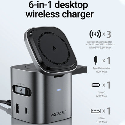 ACEFAST 6 in 1 Multifunction 15W Magnetic Wireless Charging Station For iPhone 16 15 GaN PD65W Charging Cube USB C Fast Charging