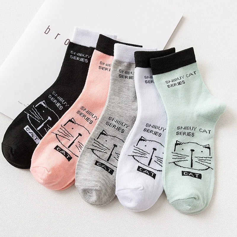 5 Pairs Women Fruit Print Socks Set Cute Casual Korean Fashion Kawaii Japanese Style Pumpkin Strawberry Banana Peach Avocado Sox