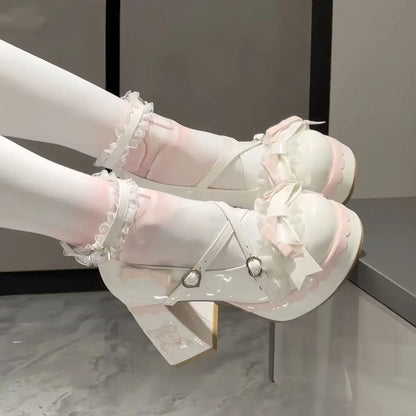 Lovely Girls Pink Lolita Butterfly Knot High Heels Platform Shoes for Women Cute Sakura Dress Mary Janes Beige Size 34-42