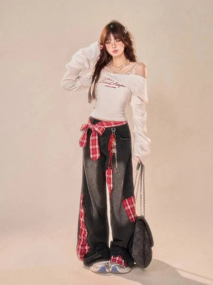 Retro Black Bow Tie Strap Patchwork Jeans Checkered Sweet Women Trouse High Waisted Loose Wide Leg Casual Y2K Denim Pants