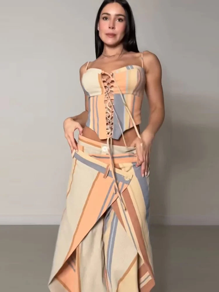 Chic Stripe Print Vest Pants Women Set Patchwork Slash Neck Bandage Top Pleated Asymmetry Trousers 2026 Summer Lady Outfit