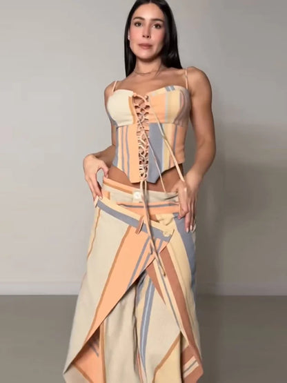Chic Stripe Print Vest Pants Women Set Patchwork Slash Neck Bandage Top Pleated Asymmetry Trousers 2026 Summer Lady Outfit