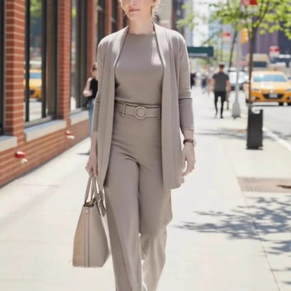 2026 Elegant Ladies Clothing 3 Pieces Set Autumn White Long Cardigan Coat Wide Leg Pants Sets T-shirt  Three-piece Outfit Women