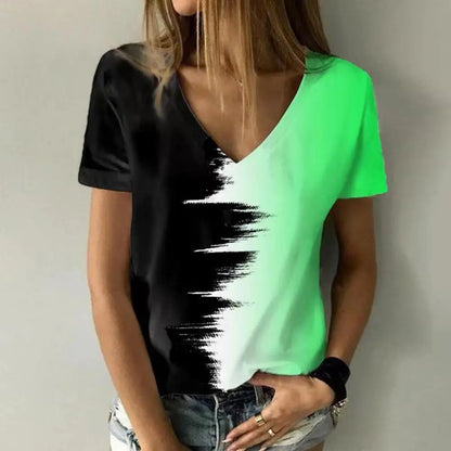 New women's V-neck T-shirt, black and white, suitable for document subscribers, 3D printing, vacation
