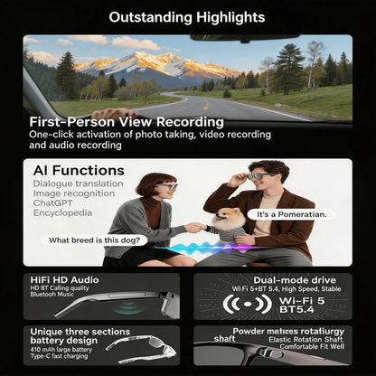 4K Camera Glasses with AI Smart Features That Support Real-Time Translation And Object Recognition, Open-Ear Audio, Ultra-Light Design, And Up to 8 Hours of Battery Life for Outdoor Cycling, Work, Travel