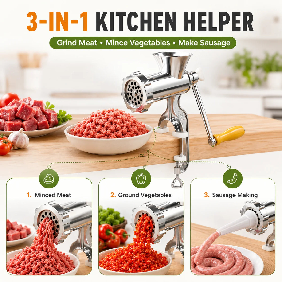 ZNLYRION Stainless Steel Manual Meat Grinder Hand Crank Mincer Sausage Stuffer Machine Table Clamp Design Household Kitchen Tool for Mincing Meat Vegetables Making Sausage