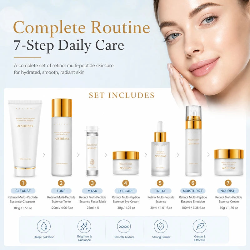 7PCS Retinol Multi-Peptide Skincare Set Hydrating Face Care Routine Gift Box Toner Cleanser Essence Cream Mask for Smooth Glow