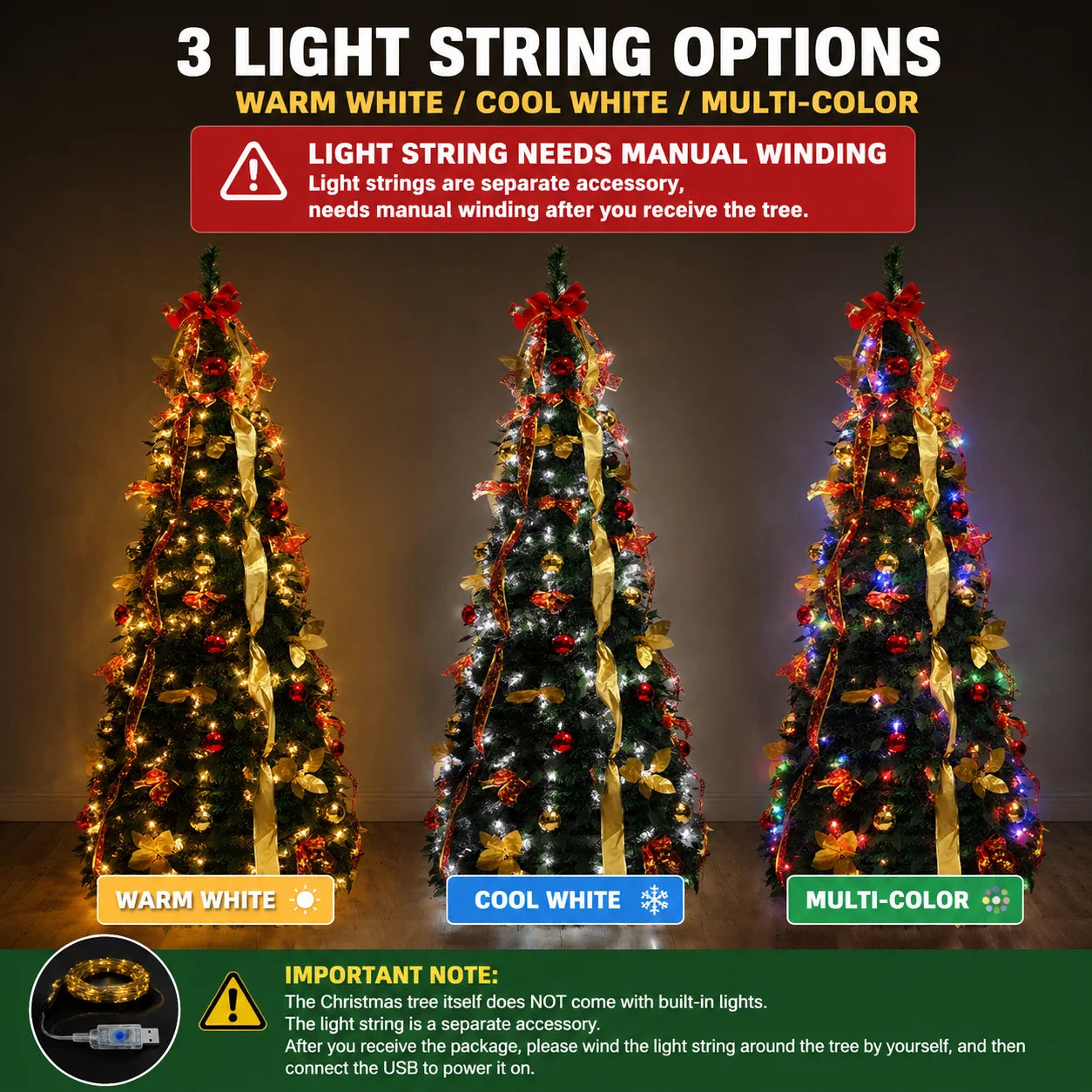 Pre Decorated Foldable Christmas Tree Artificial PVC Xmas Tree 5FT 6FT 7FT with Ornaments Space Saving Design LED Light Option